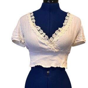 Cream Cuffed Sleeve Ruffled Crop Blouse